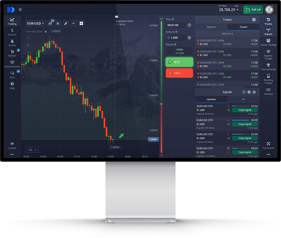 Pocket Option login and trading dashboard